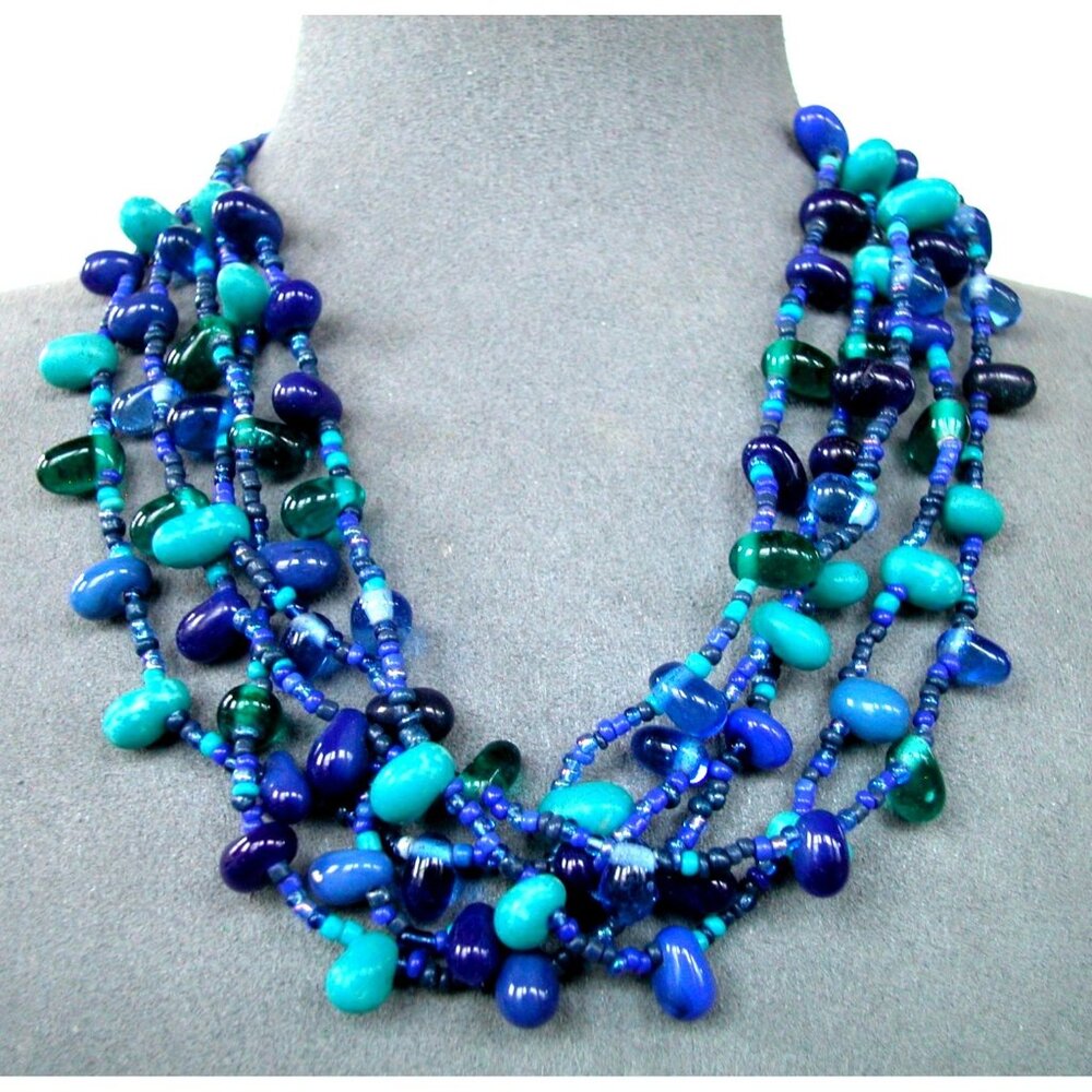 Five-Strand Blue & Turquoise Glass Bead Necklace Stretch Bracelet & Earrings